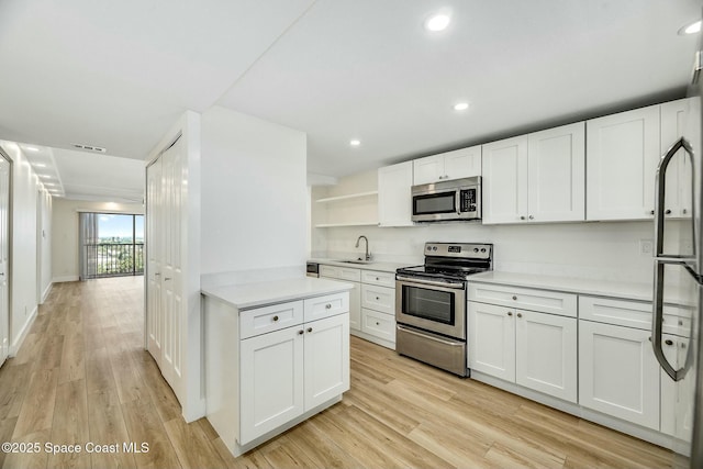 kitchen with sink, white cabinetry, light hardwood / wood-style flooring, and stainless steel appliances