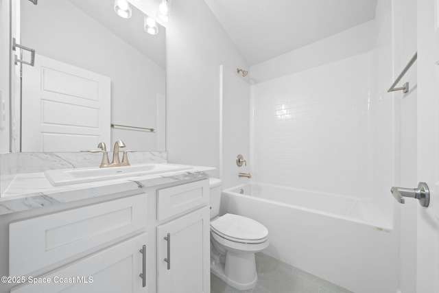 full bathroom with toilet, vanity, and bathing tub / shower combination