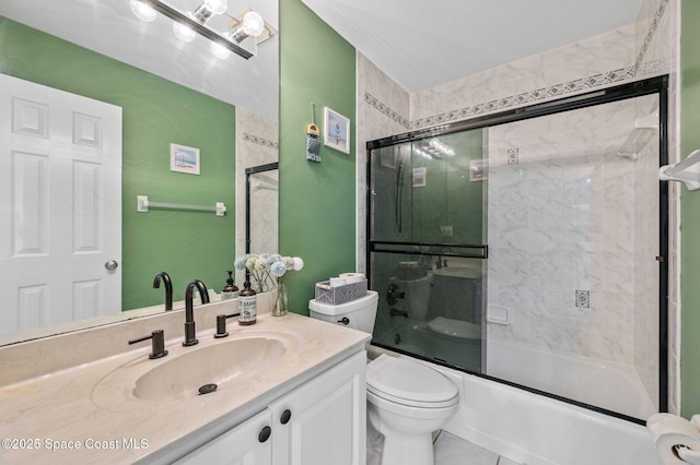 full bathroom featuring enclosed tub / shower combo, vanity, and toilet