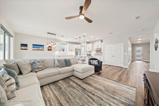 living room with ceiling fan, a healthy amount of sunlight, and wood-type flooring