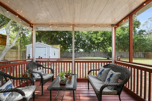 wooden deck with a storage unit