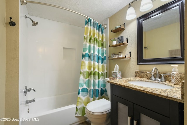 full bathroom featuring vanity, toilet, shower / tub combo, and a textured ceiling