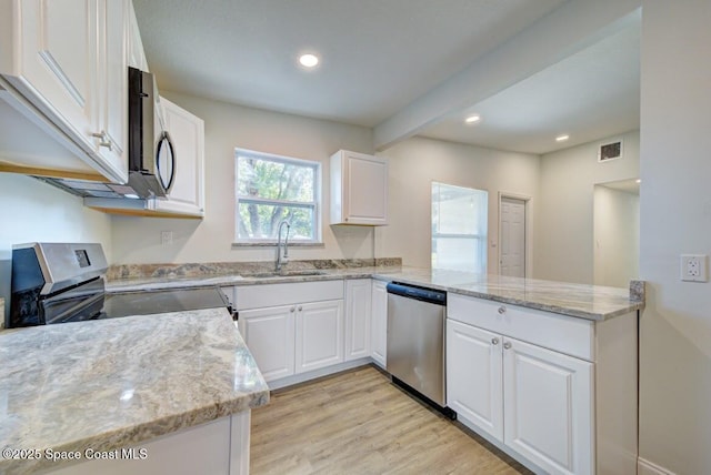 kitchen with sink, white cabinetry, light wood-type flooring, appliances with stainless steel finishes, and kitchen peninsula