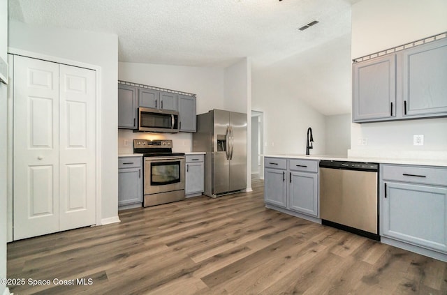 kitchen with gray cabinetry, vaulted ceiling, and stainless steel appliances