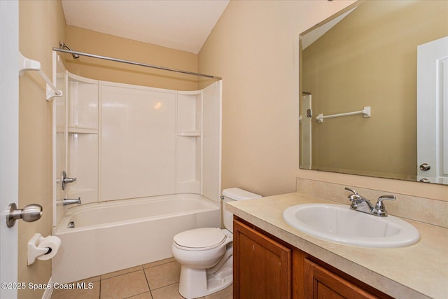 full bathroom with tub / shower combination, tile patterned flooring, a textured ceiling, toilet, and vanity