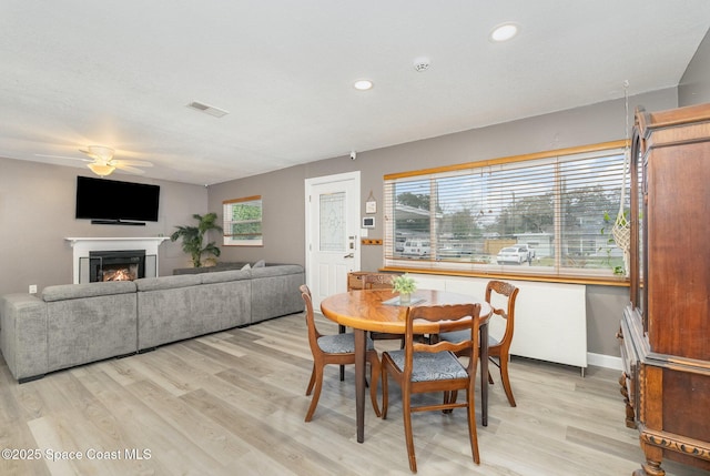 dining room with light hardwood / wood-style floors and ceiling fan