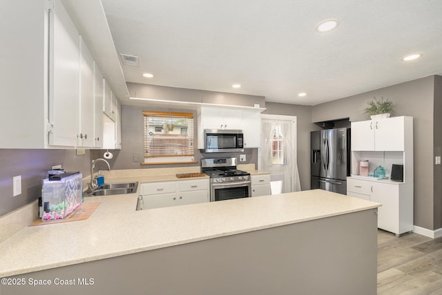 kitchen with sink, white cabinetry, kitchen peninsula, and appliances with stainless steel finishes