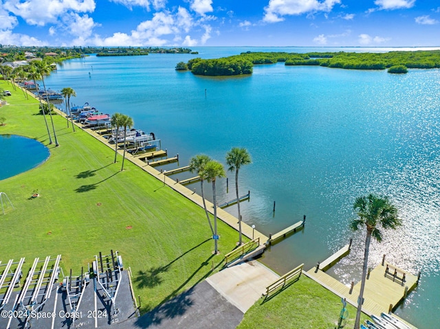 drone / aerial view with a water view