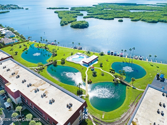 bird's eye view with a water view