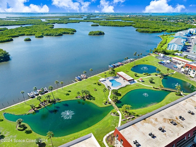 birds eye view of property with a water view