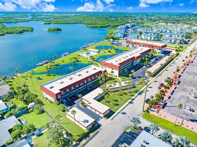 birds eye view of property featuring a water view