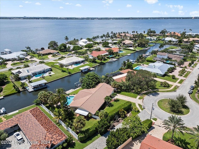 aerial view featuring a water view