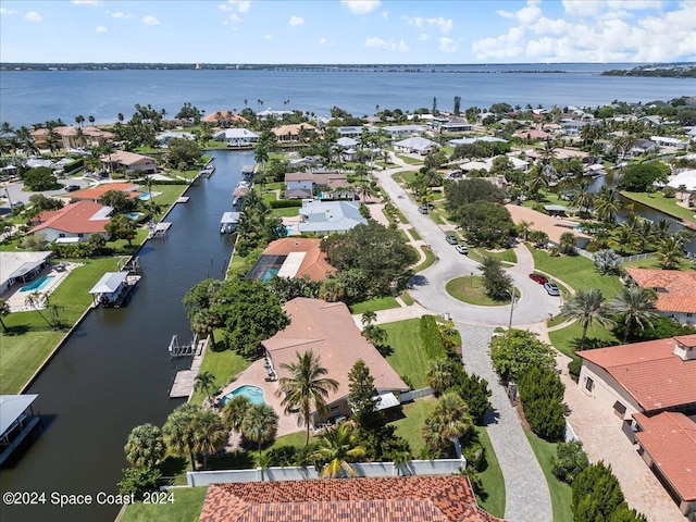 aerial view featuring a water view