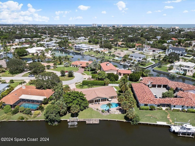 drone / aerial view with a water view