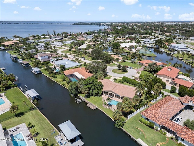 aerial view featuring a water view