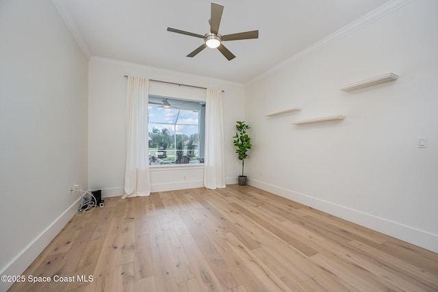 unfurnished room with crown molding, ceiling fan, and light wood-type flooring