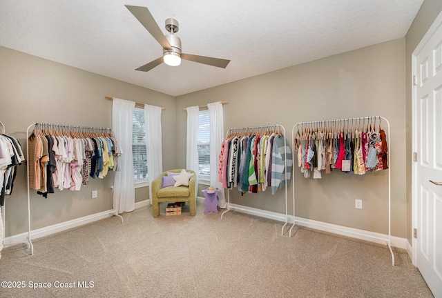 interior space featuring carpet floors and ceiling fan