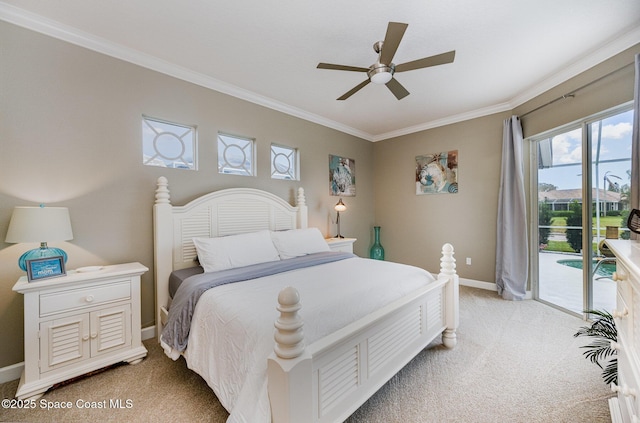 bedroom featuring ornamental molding, light carpet, access to outside, and ceiling fan