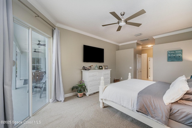 carpeted bedroom featuring crown molding, ceiling fan, and access to exterior