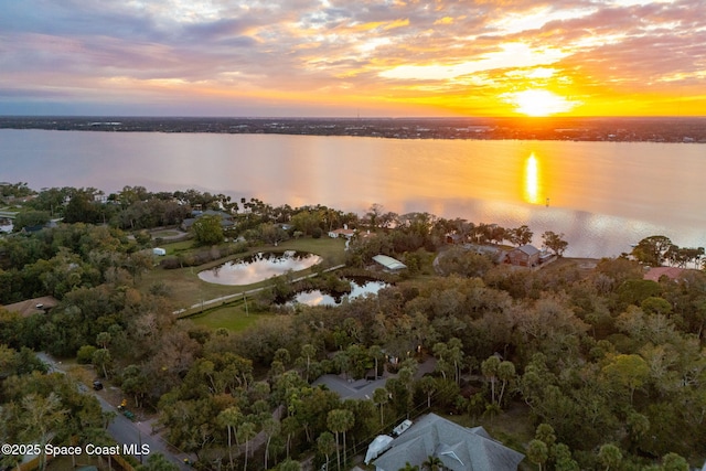 aerial view at dusk with a water view