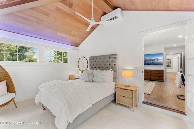 bedroom featuring vaulted ceiling, wooden ceiling, carpet floors, a wall unit AC, and ceiling fan