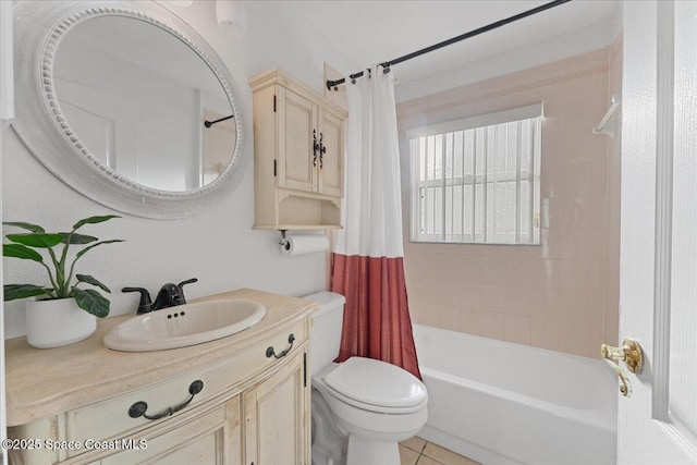 full bathroom featuring tile patterned flooring, vanity, shower / bathtub combination with curtain, and toilet