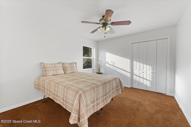 bedroom featuring a closet, ceiling fan, and carpet flooring