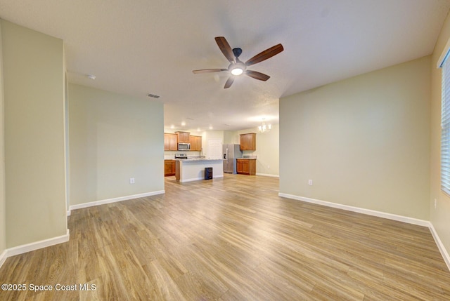 unfurnished living room featuring ceiling fan and light hardwood / wood-style flooring