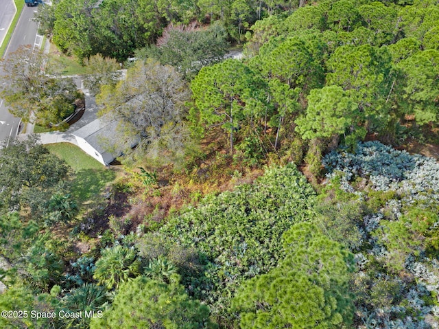 drone / aerial view with a wooded view