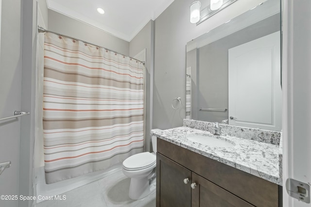 bathroom with curtained shower, vanity, toilet, crown molding, and tile patterned floors