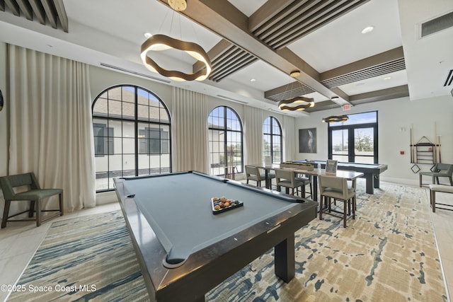 recreation room with beamed ceiling, coffered ceiling, french doors, and billiards