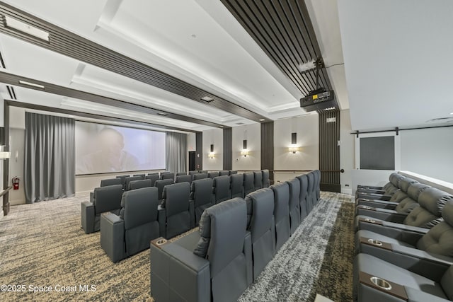 home theater room with carpet and a tray ceiling