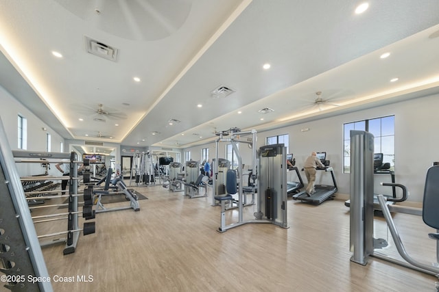 exercise room with ceiling fan, a raised ceiling, and light hardwood / wood-style floors