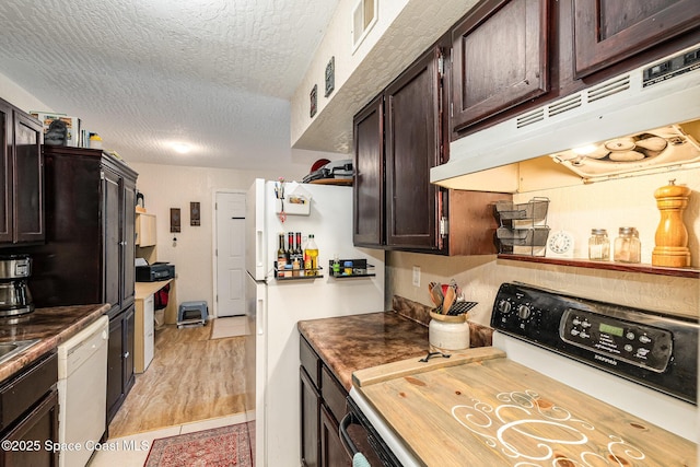 kitchen featuring range with electric stovetop, a textured ceiling, white dishwasher, and dark brown cabinetry