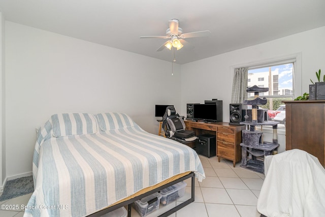 bedroom featuring light tile patterned flooring and ceiling fan