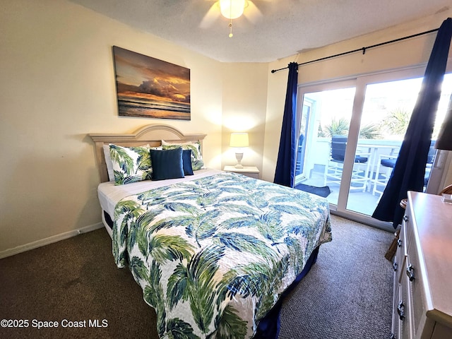 bedroom featuring dark carpet, a textured ceiling, access to exterior, and ceiling fan