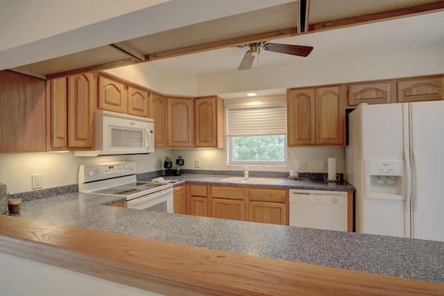 kitchen featuring ceiling fan, sink, light brown cabinets, and white appliances