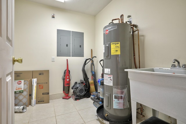 utility room featuring electric panel, sink, and water heater