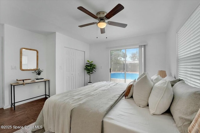 bedroom with dark hardwood / wood-style flooring, access to exterior, a closet, and ceiling fan