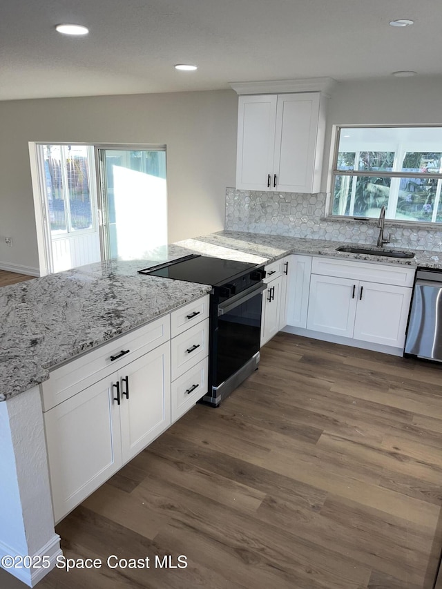 kitchen featuring electric range, a sink, stainless steel dishwasher, dark wood finished floors, and a peninsula