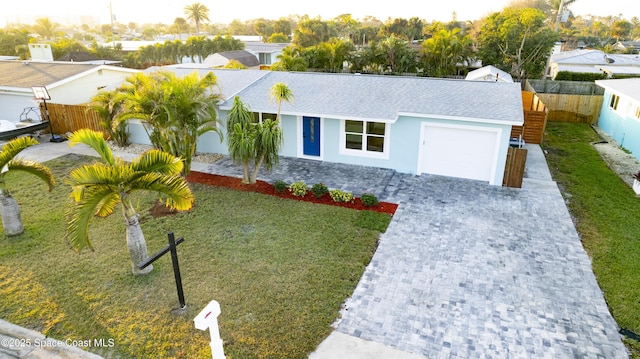 view of front facade with fence, a front yard, roof with shingles, a garage, and driveway