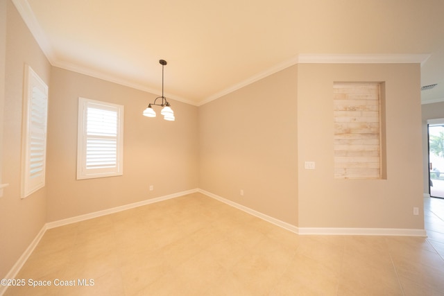 unfurnished room with visible vents, baseboards, light tile patterned floors, a chandelier, and crown molding