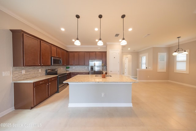 kitchen with crown molding, visible vents, tasteful backsplash, and appliances with stainless steel finishes