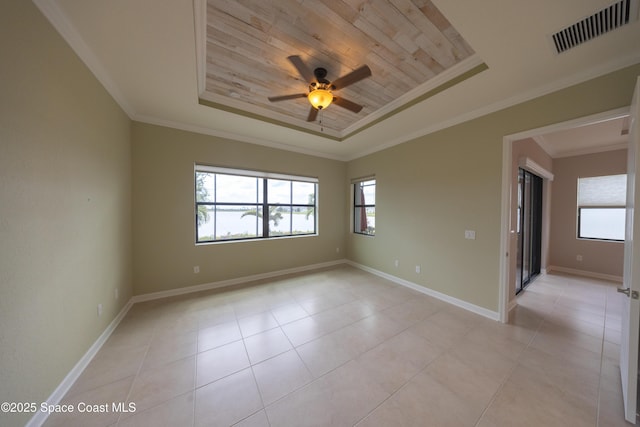 spare room with crown molding, visible vents, a tray ceiling, ceiling fan, and wooden ceiling