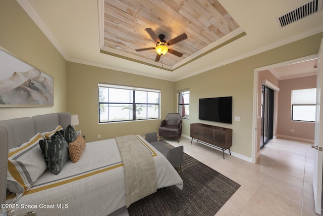 bedroom featuring light tile patterned floors, wood ceiling, a tray ceiling, ornamental molding, and visible vents