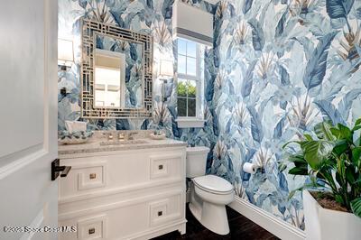 bathroom with vanity, toilet, and wood-type flooring