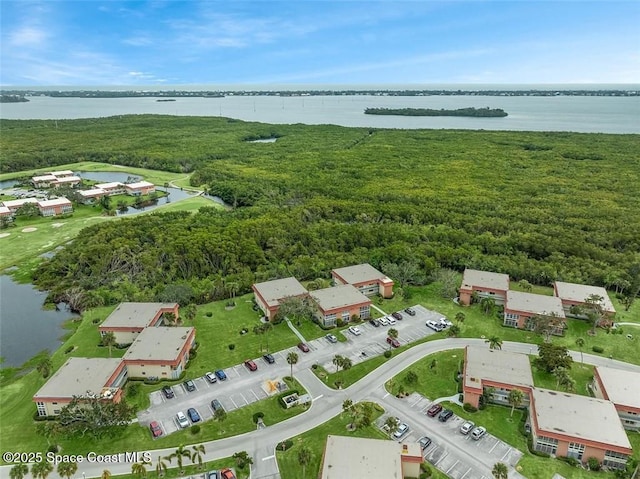 bird's eye view with a water view