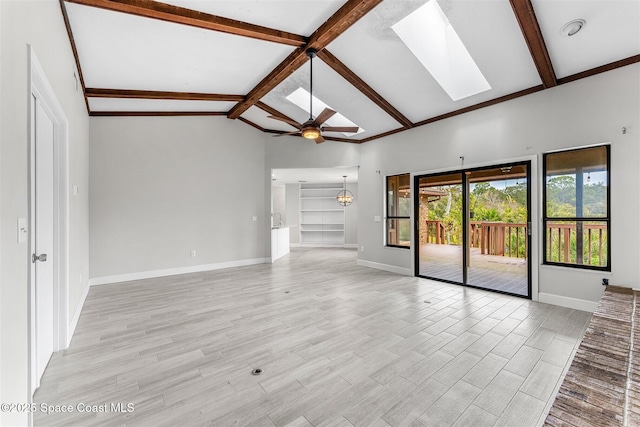 unfurnished living room featuring lofted ceiling with skylight and ceiling fan with notable chandelier