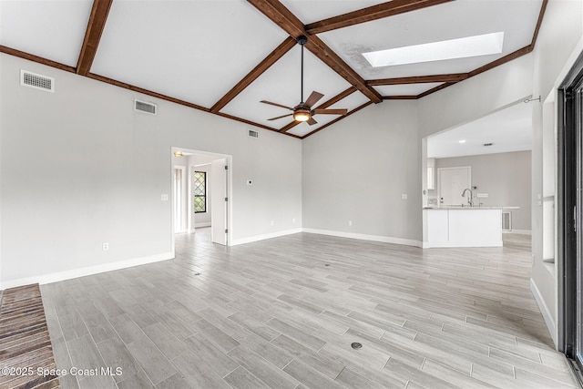 unfurnished living room with sink, vaulted ceiling with skylight, and ceiling fan