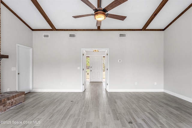 unfurnished living room with beam ceiling, light hardwood / wood-style flooring, and ceiling fan